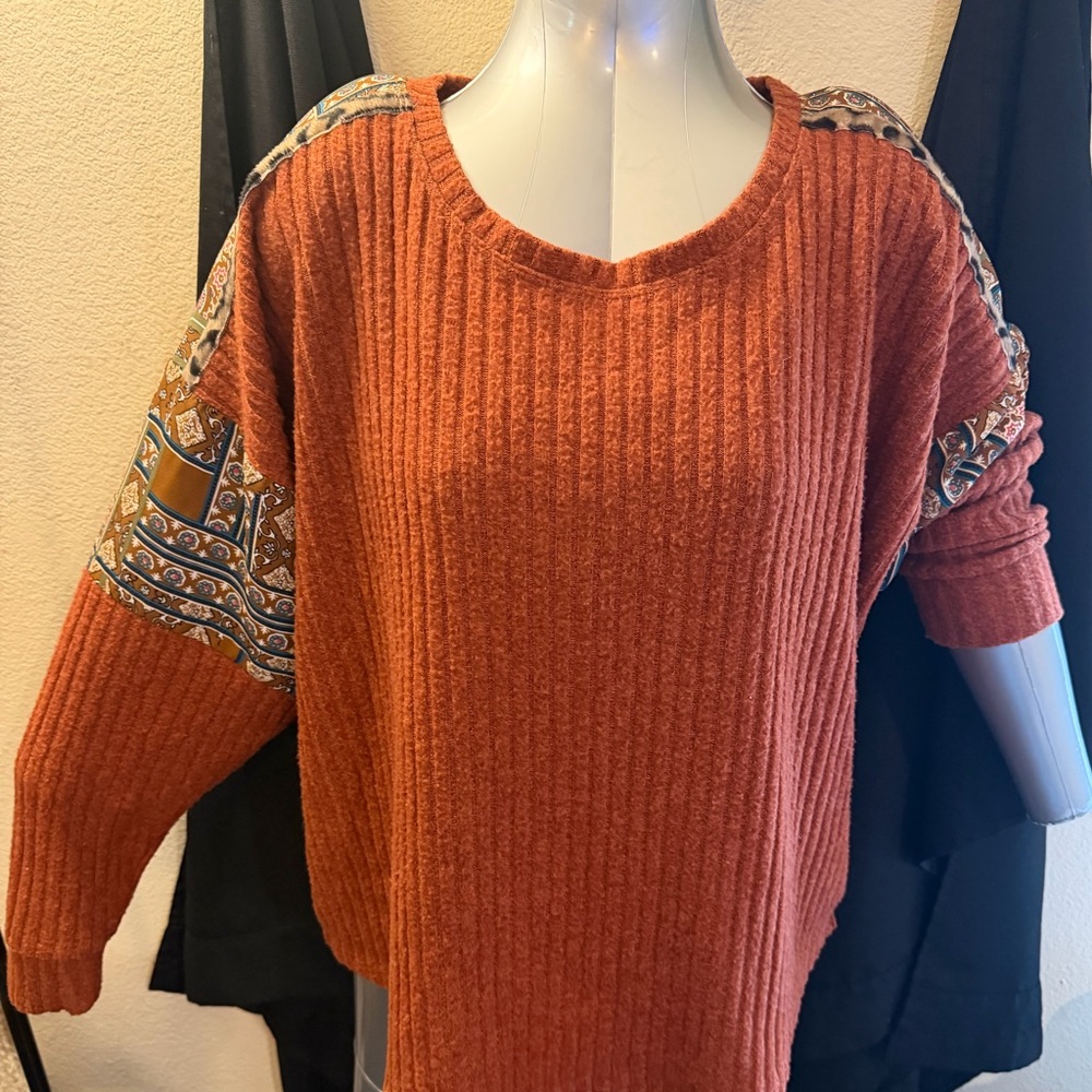 Maurices Rust Sweater Blouse Mesh with Patterned Sleeves